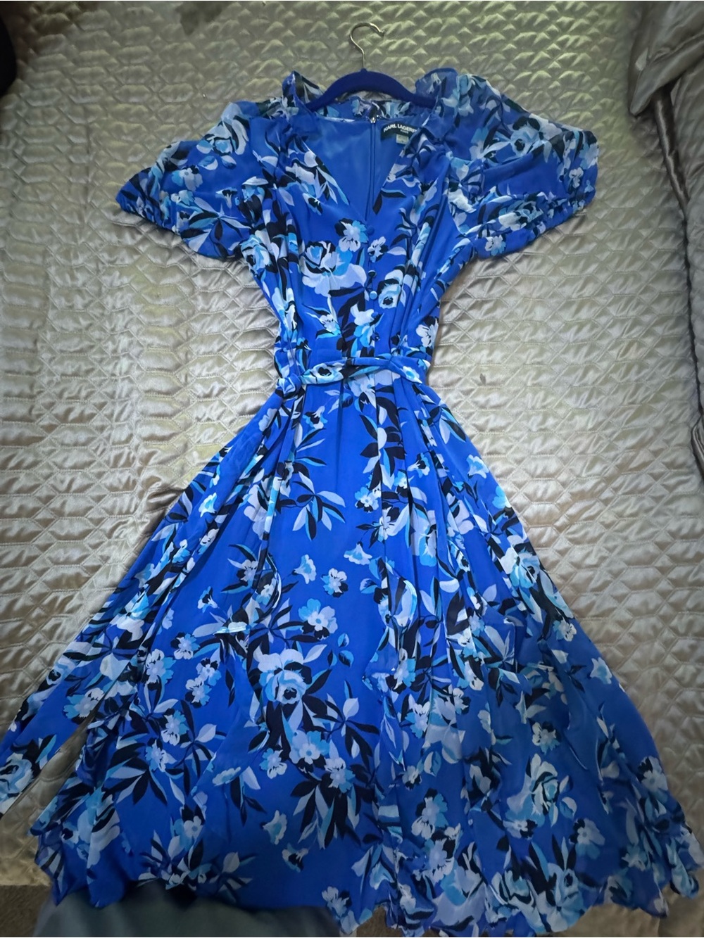 Karl Lagerfeld Blue Floral midi  Wrap Dress with ruffles